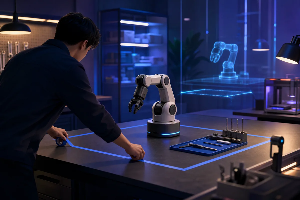 Une personne installe un petit robot sur un établi, délimite sa zone de travail au ruban adhésif et dispose les quelques outils autorisés.
