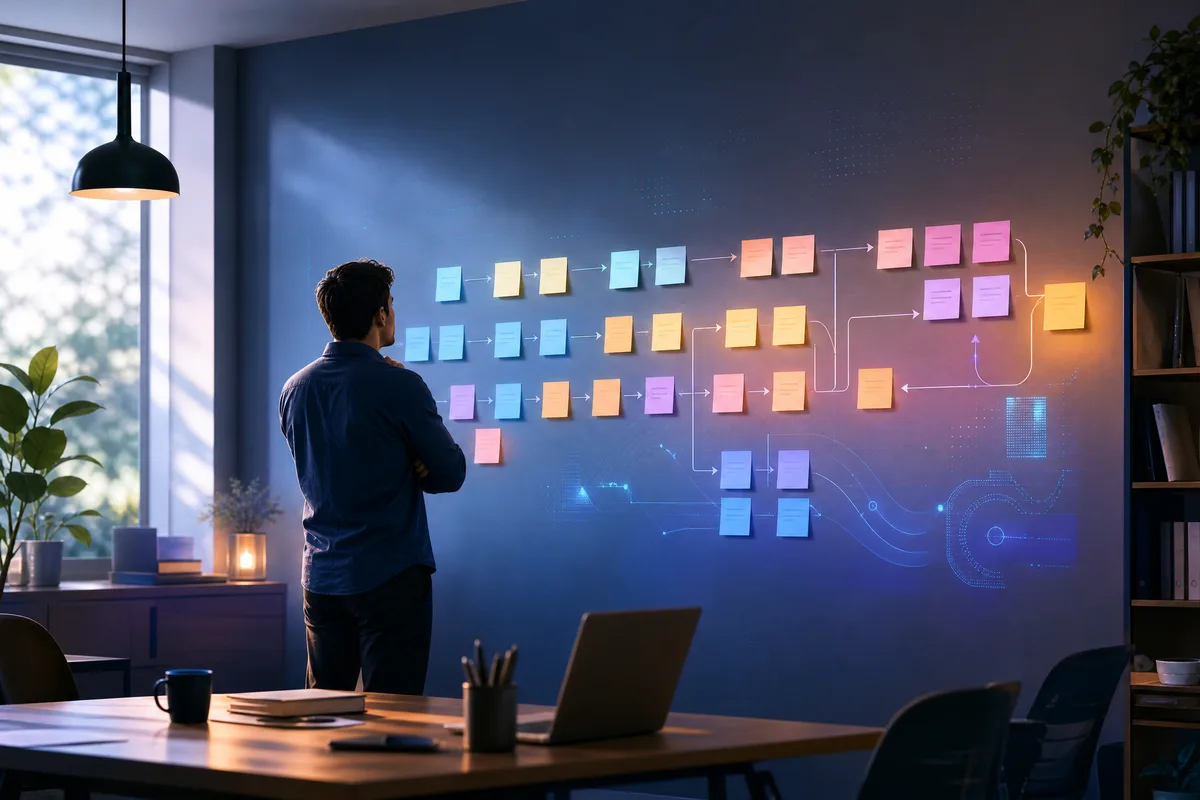 Une dirigeante de petite entreprise recule pour observer le mur où elle a cartographié ses tâches quotidiennes sur des pense-bêtes.