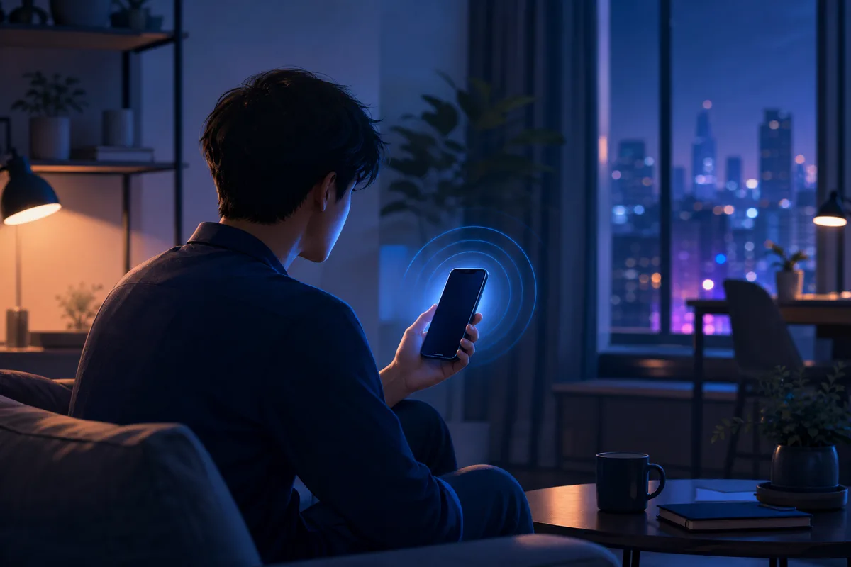 Une personne chez elle tient un smartphone qui sonne et marque un temps d'hésitation avant de répondre.