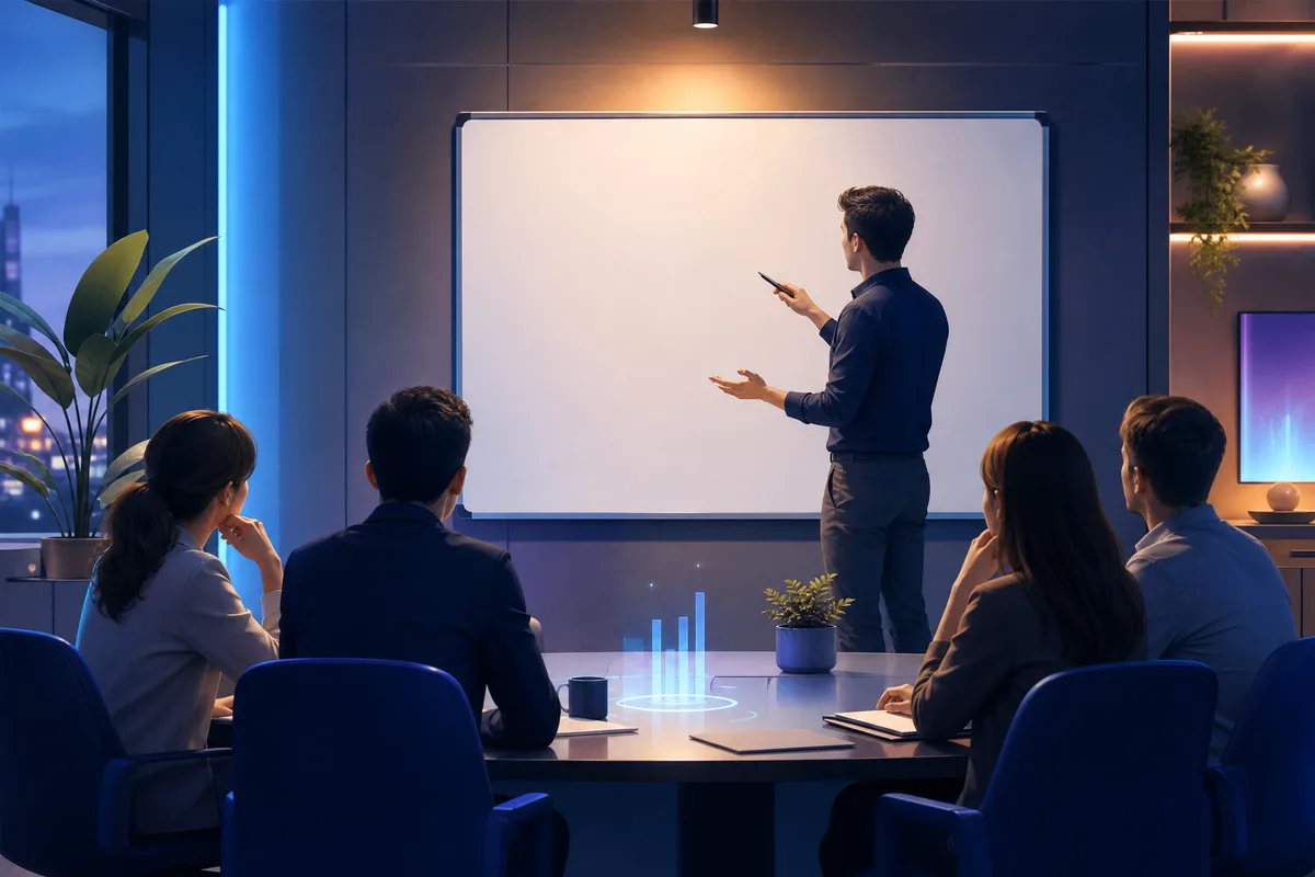 Une petite équipe suit en salle de réunion une courte session de formation animée par une collègue debout près d'un tableau blanc.