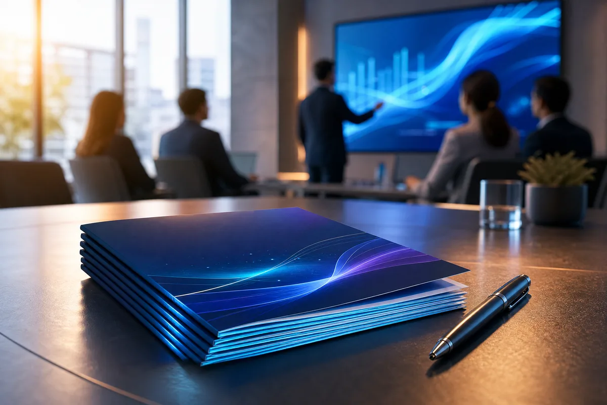 Gros plan sur une petite pile de livrets de formation fins et un stylo posés sur une table de réunion, prêts à être distribués.