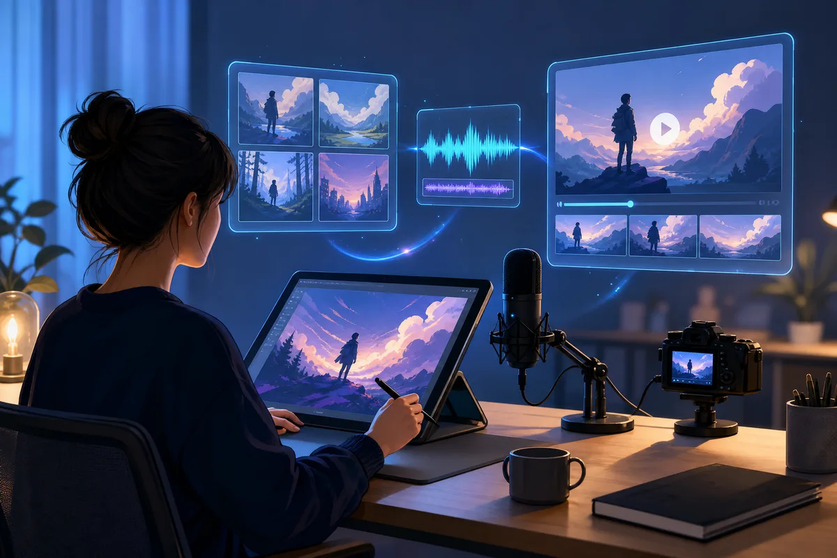 Une créatrice de contenus prépare à son bureau des illustrations, un enregistrement au micro et une courte vidéo avant publication.