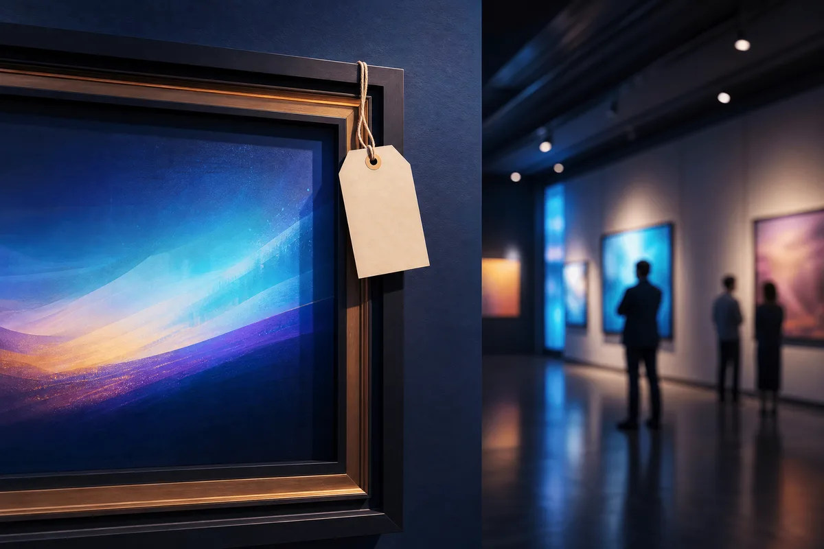 Une petite étiquette vierge attachée au coin d'un tableau encadré, accroché au mur d'une galerie.