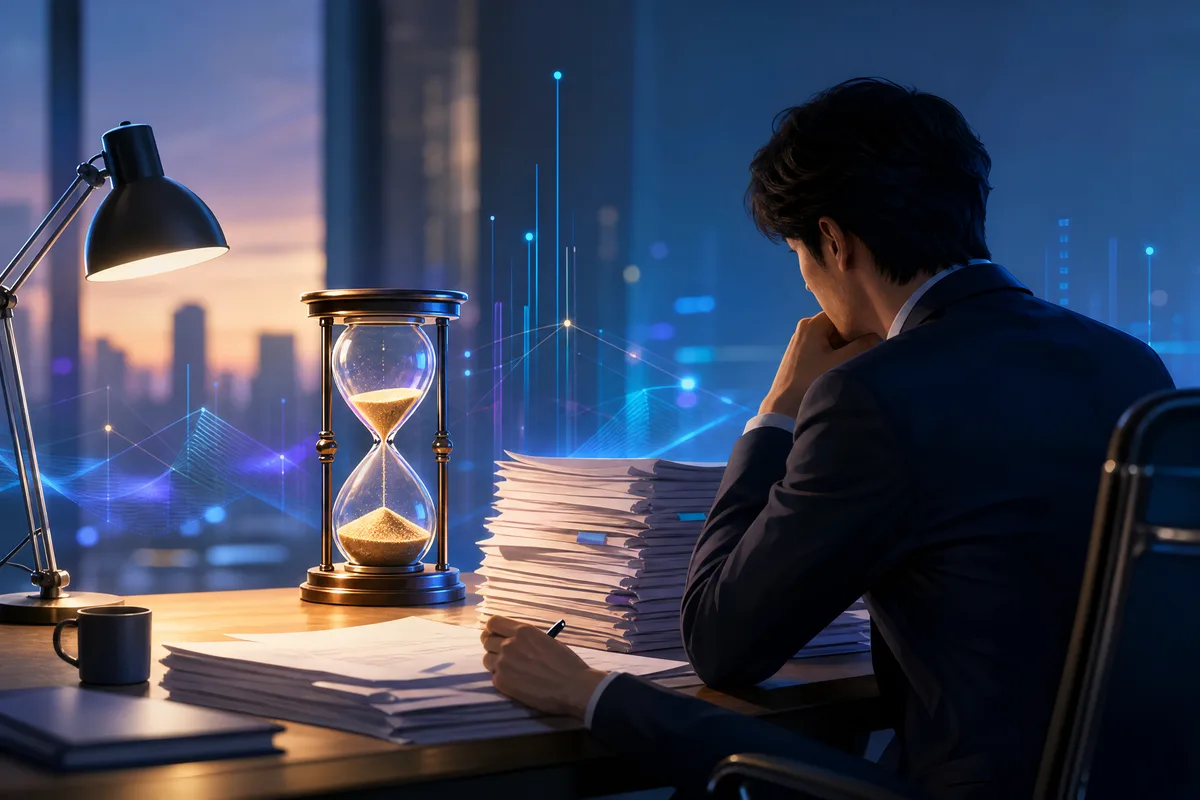Un professionnel à son bureau jette un œil à un sablier pendant qu'il traite une haute pile de documents.