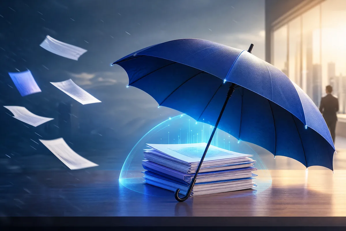 Un parapluie ouvert abrite une pile de documents bien rangée sur une table, tandis que quelques feuilles isolées s'envolent.