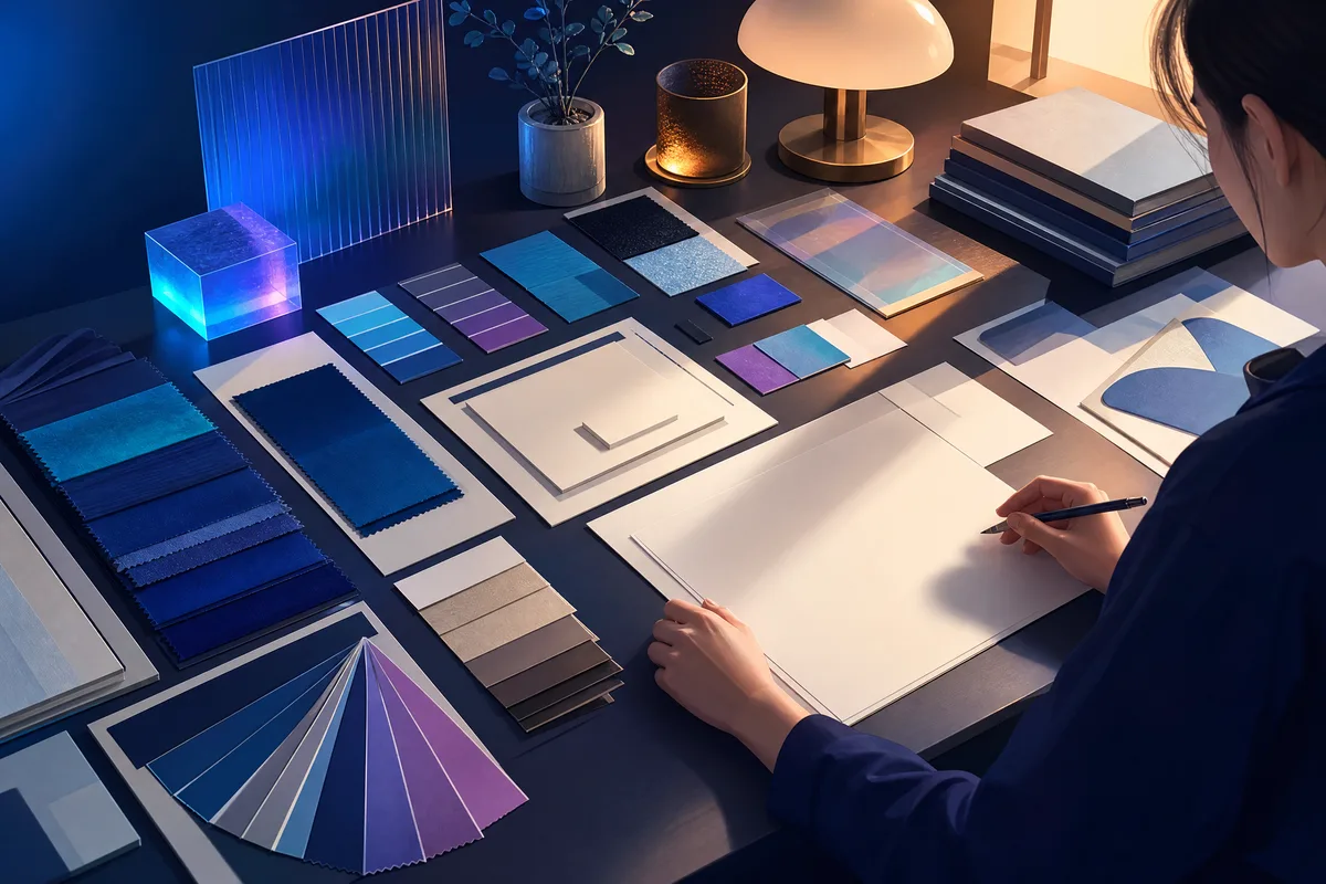 Gros plan sur une table de designer où sont rangés des échantillons de couleurs, des cartes typographiques et des gabarits vierges.