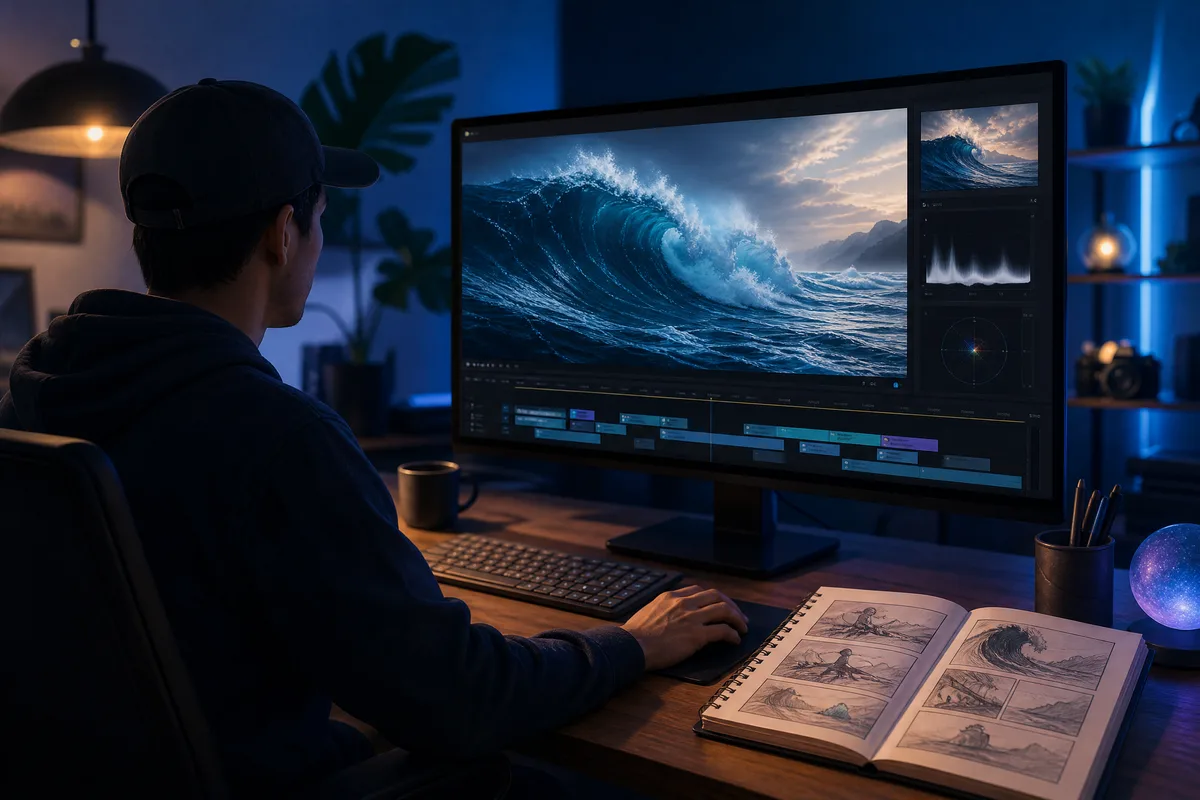 Une monteuse regarde sur un grand écran un court plan de vagues océaniques, un carnet de storyboard ouvert près du clavier.