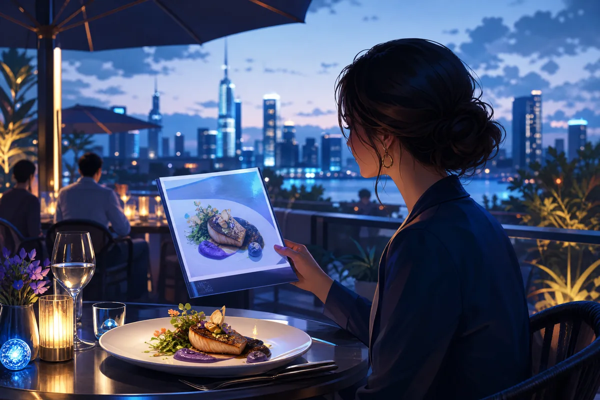 Une cliente assise en terrasse compare l'assiette posée devant elle avec la photo du même plat affichée sur la carte du restaurant.