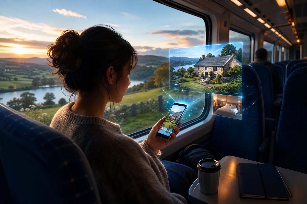 Une voyageuse assise dans un train regarde sur son téléphone les informations d'un gîte de campagne avant de réserver son séjour.