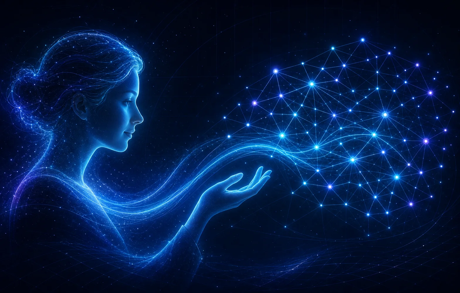 Une personne guide un réseau neuronal lumineux, symbole d'une intelligence artificielle pilotée par l'humain