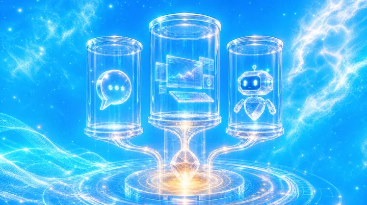 Trois espaces d'intelligence artificielle reliés : conversation, travail et agents