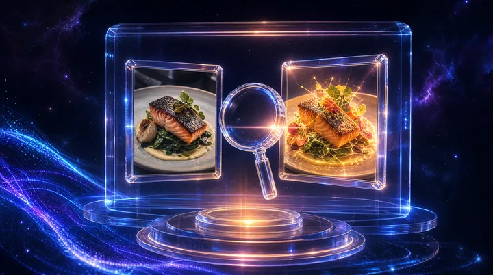 Vitrine où une vraie photo de produit côtoie une image générée par intelligence artificielle