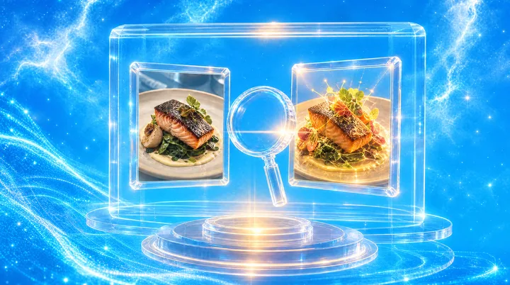 Vitrine où une vraie photo de produit côtoie une image générée par intelligence artificielle